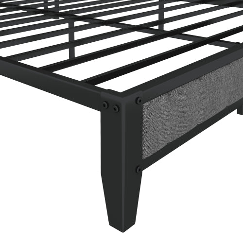 Full Size Bed Frame With Charging Station, Upholstered Headboard, Metal Platform, Grey