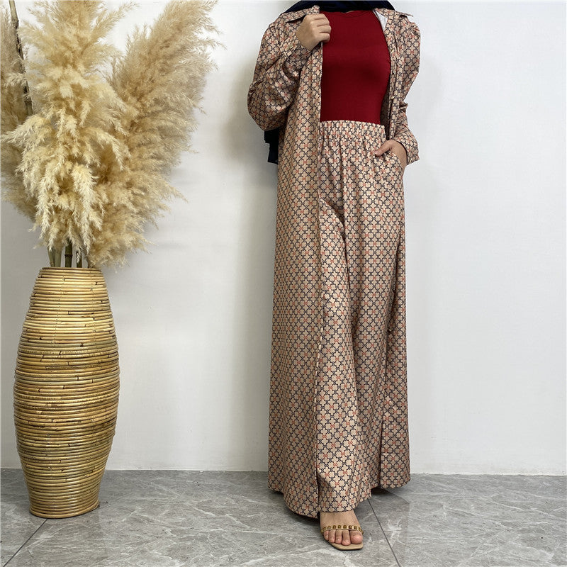 Fashion Printed Satin Full Button Long Cardigan And Pocket Pants Set