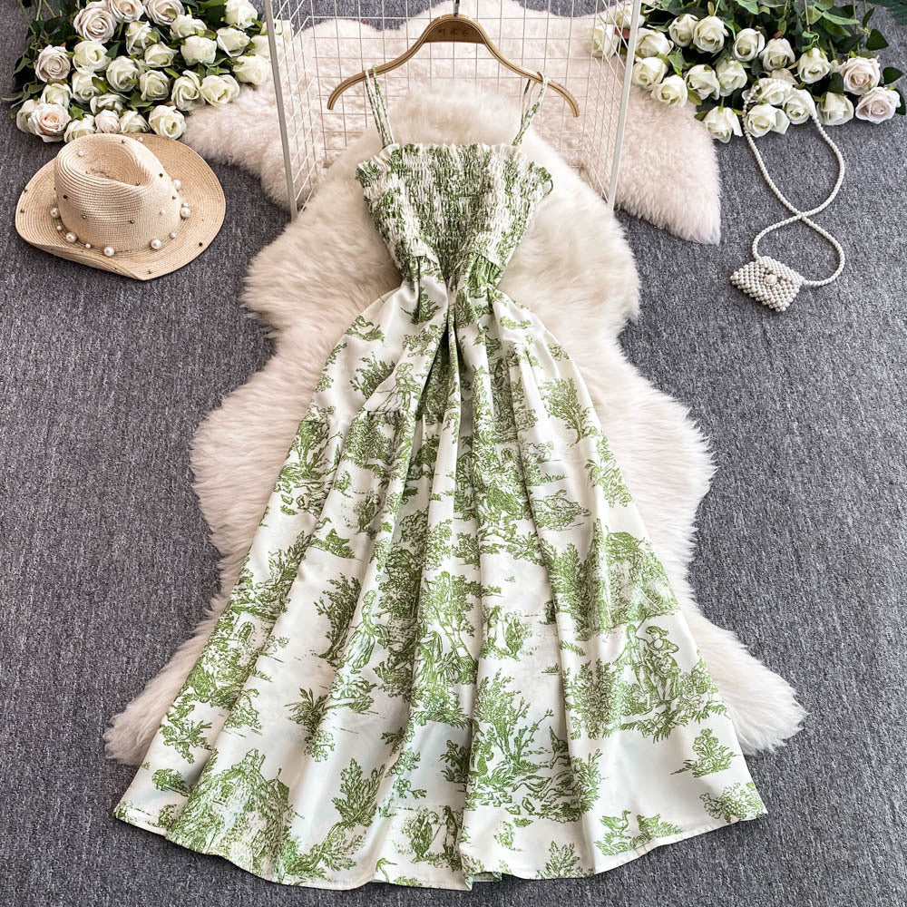 Womens Retro Chiffon Printed Backless Slip Dress