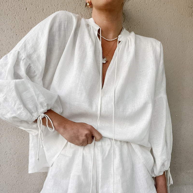 Fashion Cotton And Linen Solid Color Loose V-neck Lantern Sleeve Shorts Two-piece Set