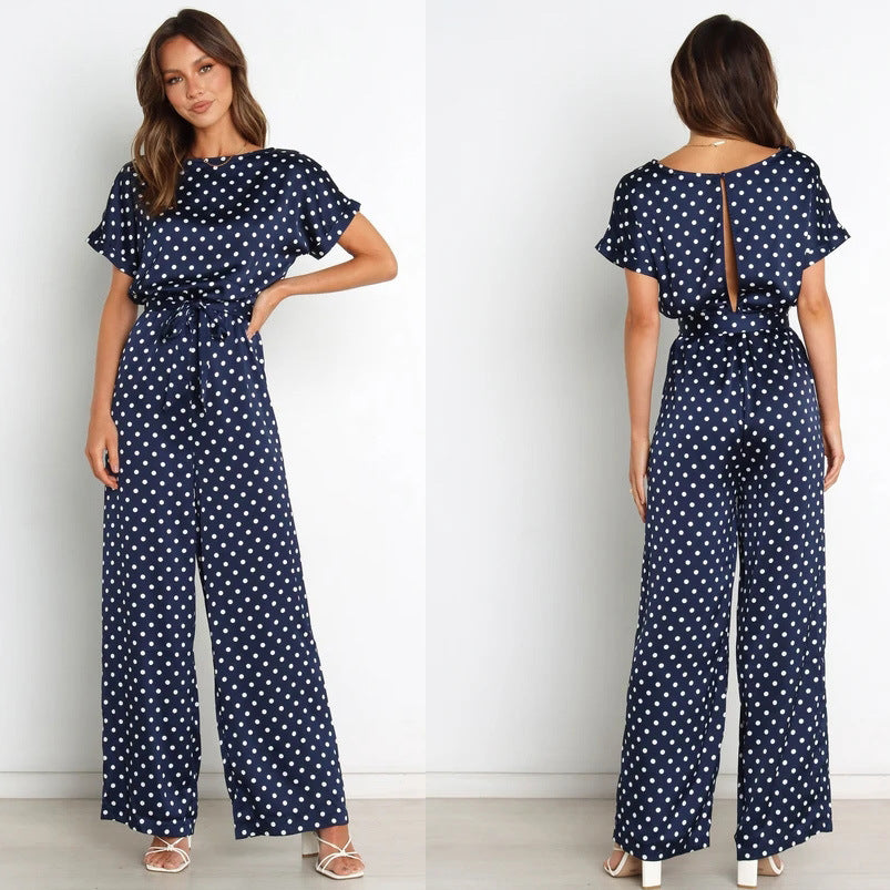 Combinaison moulante à lacets et col rond pour femme, manches courtes, imprimé pois