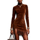 Womens Suede-Like High-Neck Long-Sleeve Tassel Dress