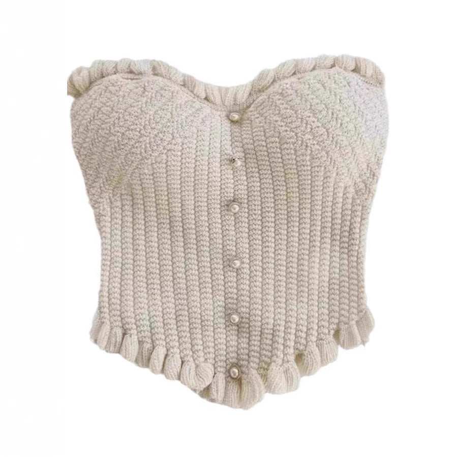 White Knitted Fabric Tube Top New Knitted Slim Fit Single Row Multi-buckle