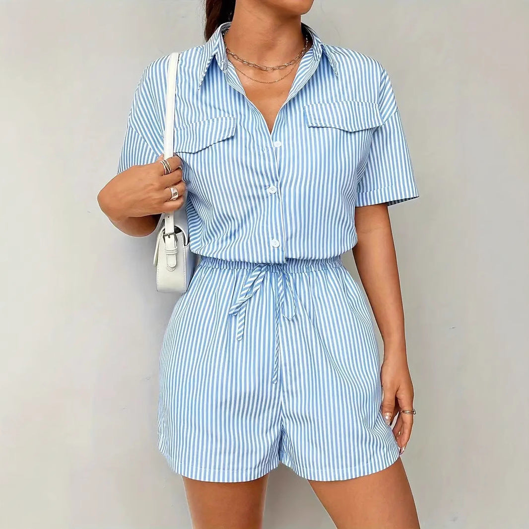 Striped Casual Short-sleeve Belted Jumpsuit