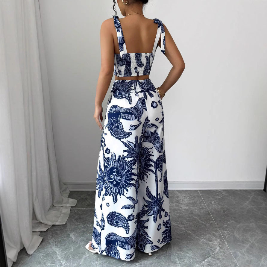 V-neck Strap Vest Loose Wide Leg Pants