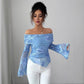 New One-shoulder Trumpet Sleeve Asymmetric Hem Embroidery Versatile Stylish Top