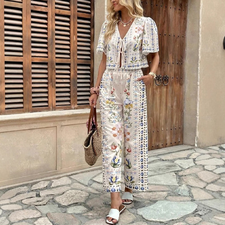 Women's High-waist Printed Top And Pants Set