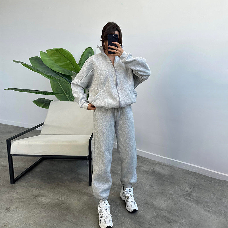 Ensemble de sport avec poches, col montant, cardigan zippé et pantalon à cordon de serrage, tenues de jogging tendance, survêtements, vêtements pour femmes