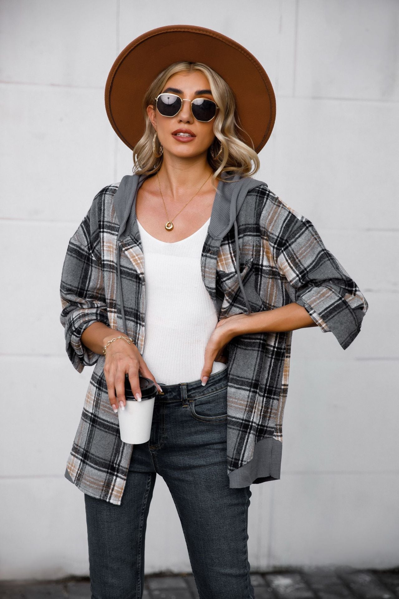 Women's Hooded Spliced Plaid Blouse Woolen Coat