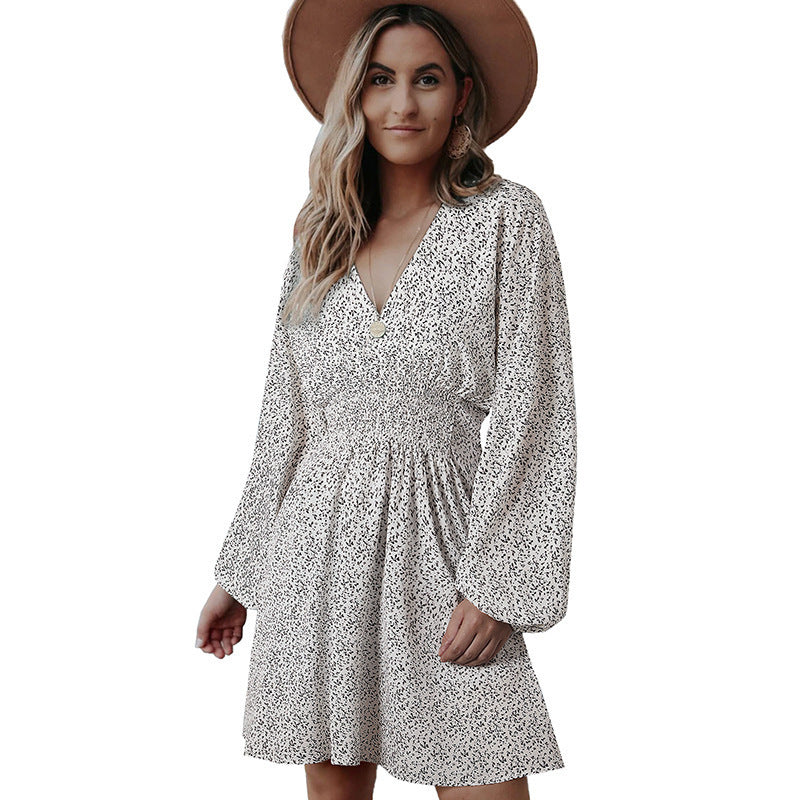 Robe à manches longues à imprimé pois, col en V, manches lanternes, taille plissée, coupe trapèze, vêtements pour femmes