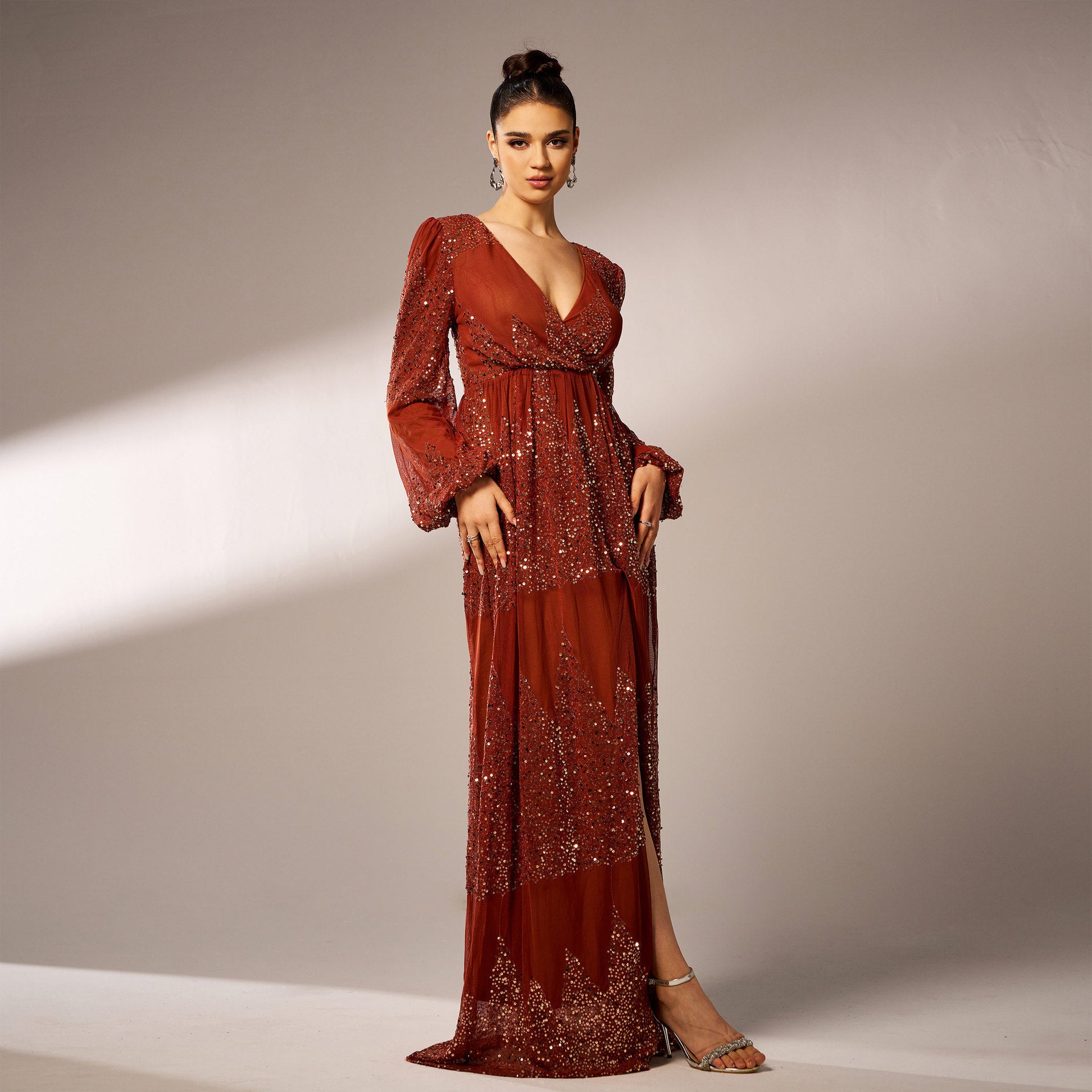 Long Sleeve V-neck Long Sequined Evening Dress