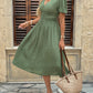 V-neck Pleated Buttoned Lantern-sleeve Dress