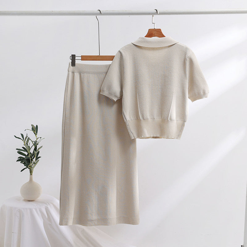 Women's New Polo Collar Sweater With Short Sleeves Skirt Knitted Two-piece