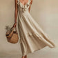 Elegant And Chic Cotton-Linen Dress With Ruffled Flutter Sleeves And A Flowing Hem