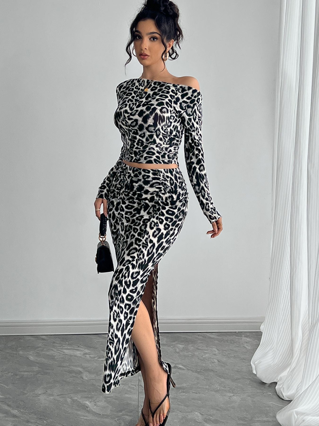 Leopard Print Two-piece Suit With Fitted Maxi Dress Suit