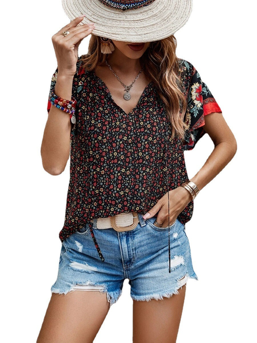 European American Summer New Casual National Style Printed V-neck Short Sleeve Loose Shirt