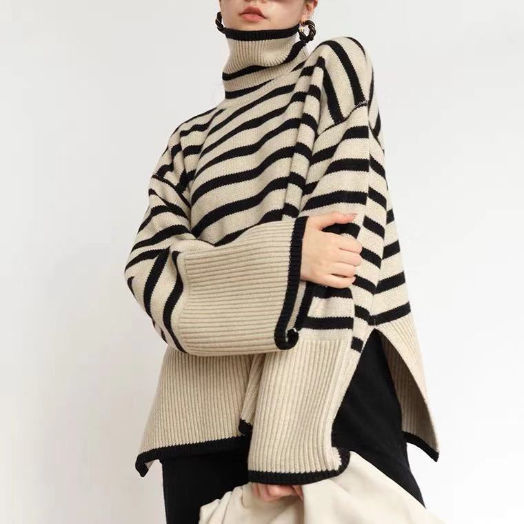 Pull à col roulé rayé tendance, décontracté, ample, fendu, design, hauts d'hiver, vêtements pour femmes