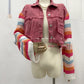 Fall Winter Cowboy Patchwork Knitting Coat Female Rainbow Ripped Long Sleeves Cropped Jacket