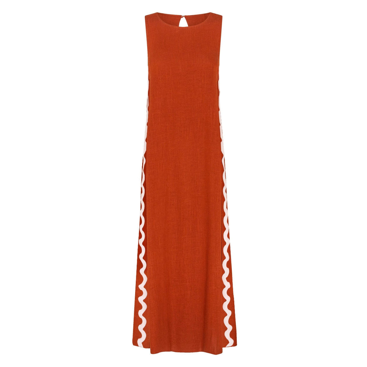 Robe décontractée sans manches, col rond, couleur unie, coutures en dentelle fendue