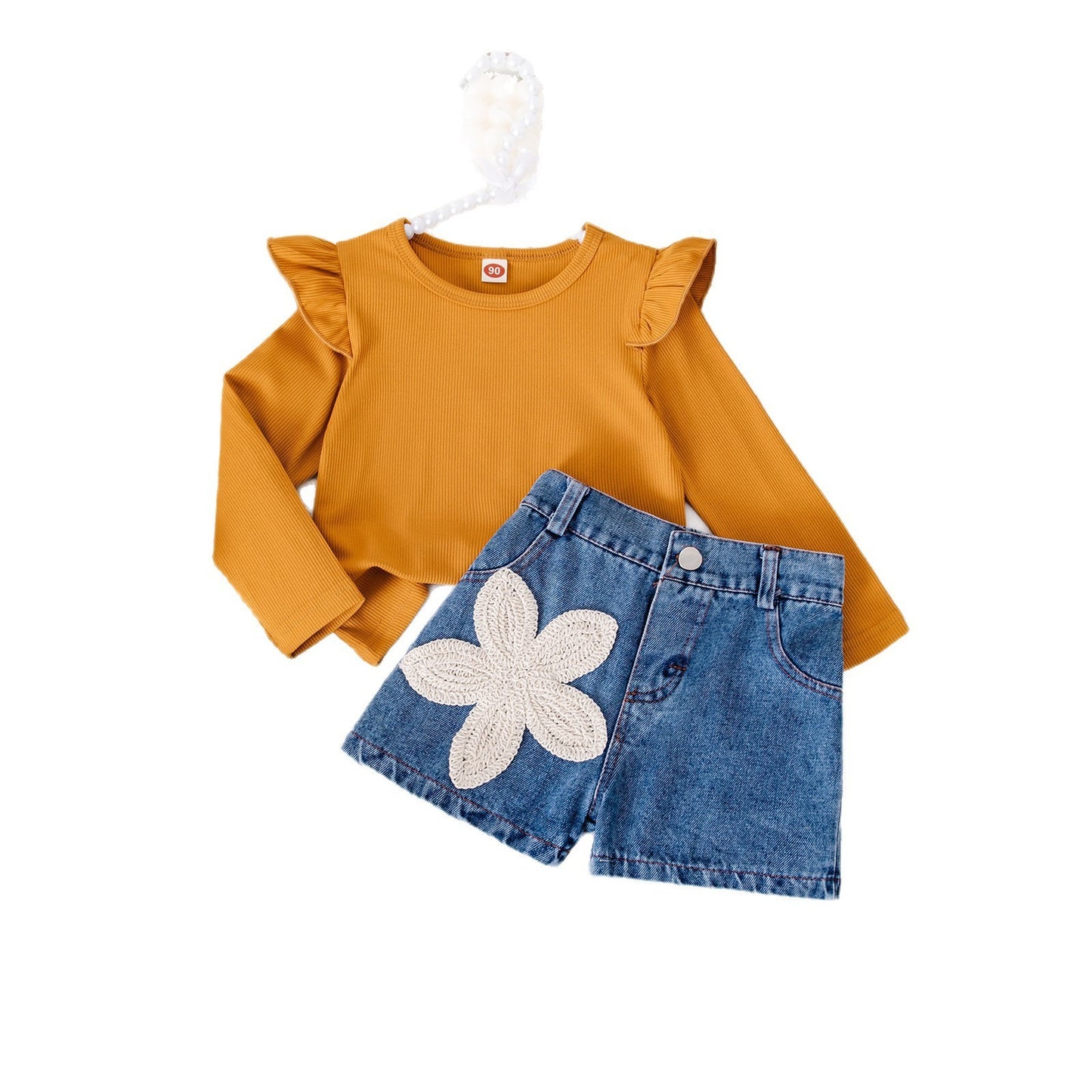Flower Embroidered Denim Shorts Set Two-piece