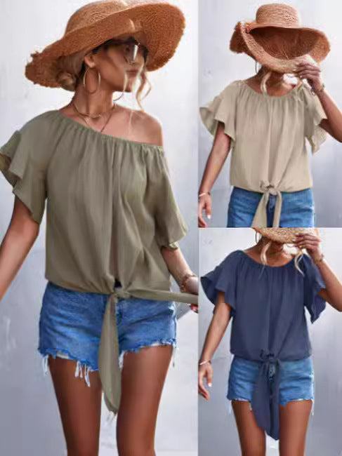 Ruffled Lace-up Round Neck Two-way Top