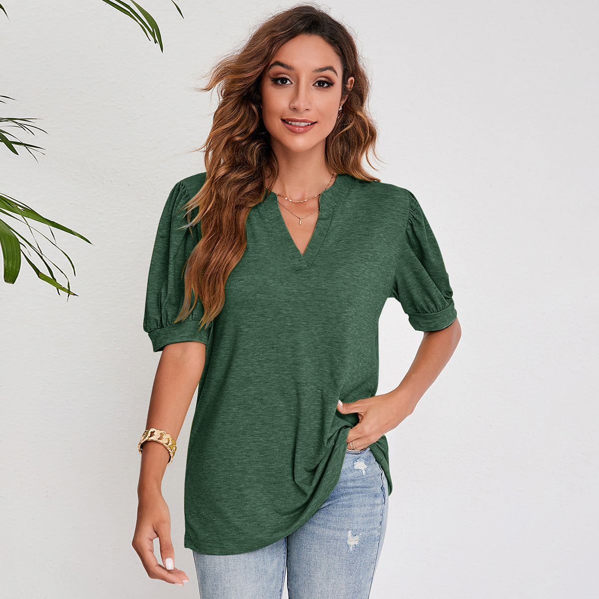 Women's Top Casual V-Neck Solid Color Puff Sleeves