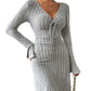 Women's Simple And Elegant Gray Dress With Flared Sleeves And Slim-fit Short Skirt