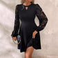 Robe élégante noire à col rond et manches longues en dentelle pour femme, ourlet évasé et fin