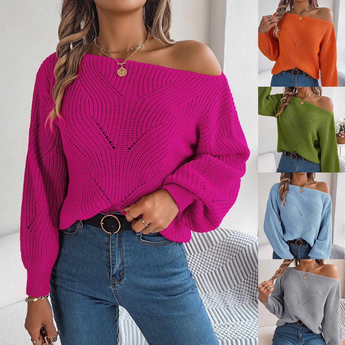 Pull décontracté à manches lanternes et col rond