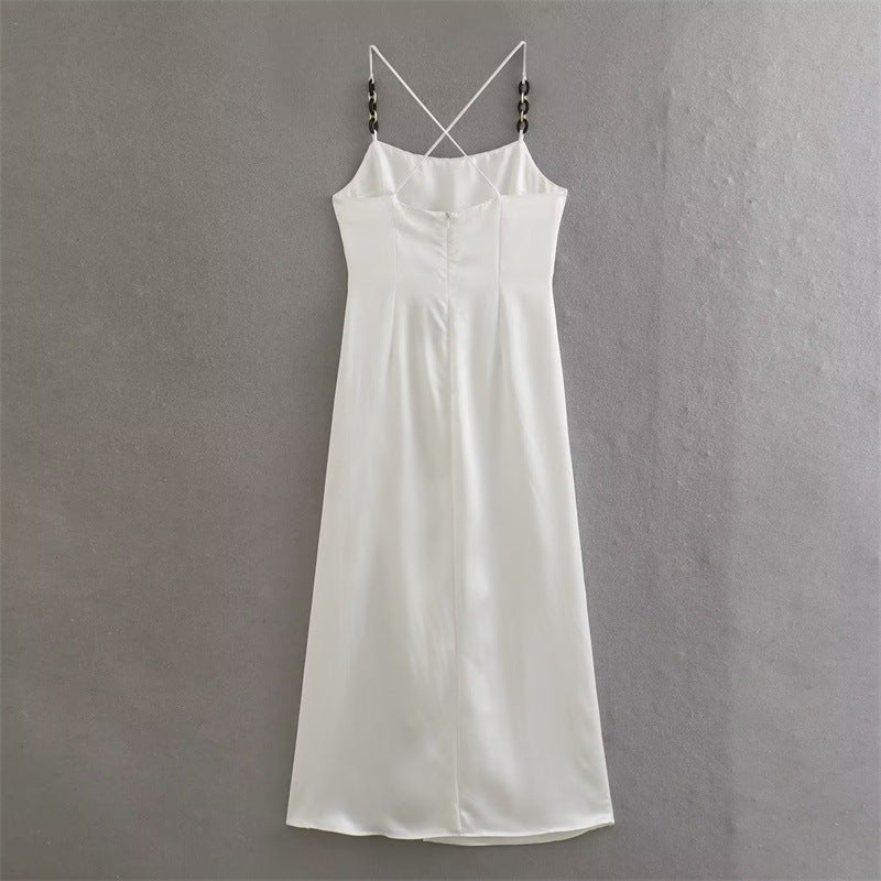Chain Ornament Silk Satin Texture Dress