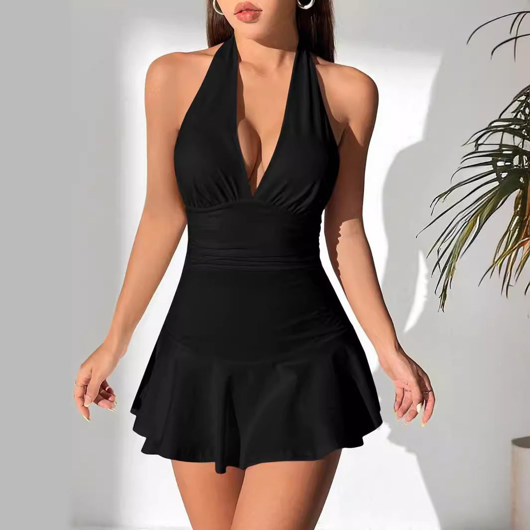 Deep V-neck Low-cut Tummy-covering Slimming Halter Dress