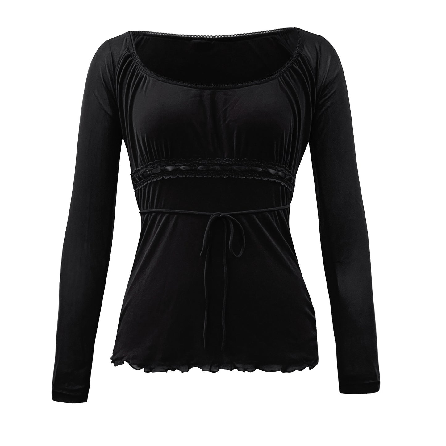 Autumn Mesh Lace Pullover Bow Waist Long Sleeve Top
