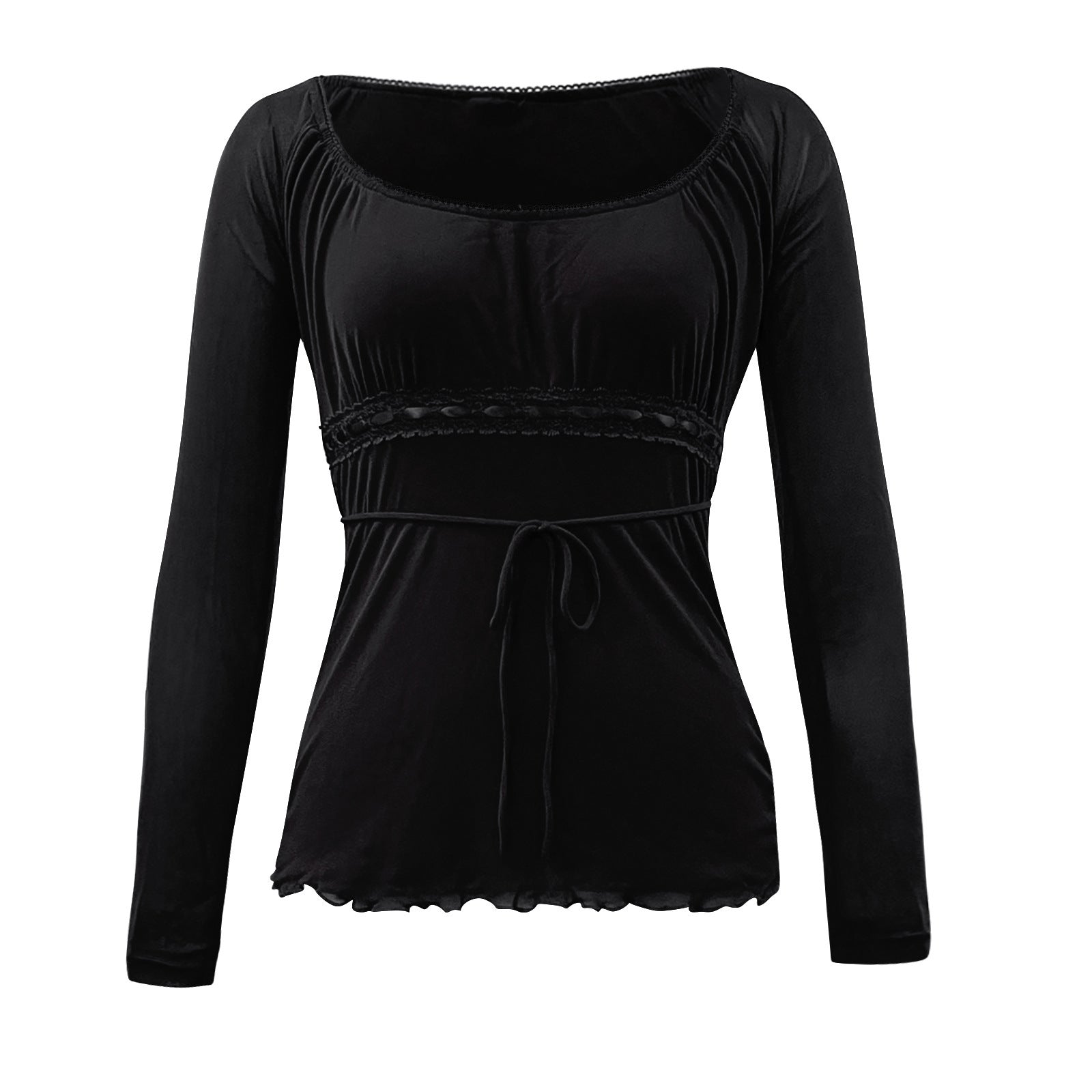 Autumn Mesh Lace Pullover Bow Waist Long Sleeve Top