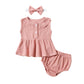 Ensemble trois pièces pour fille, robe sans manches, haut, short, coiffe, motif gaufré