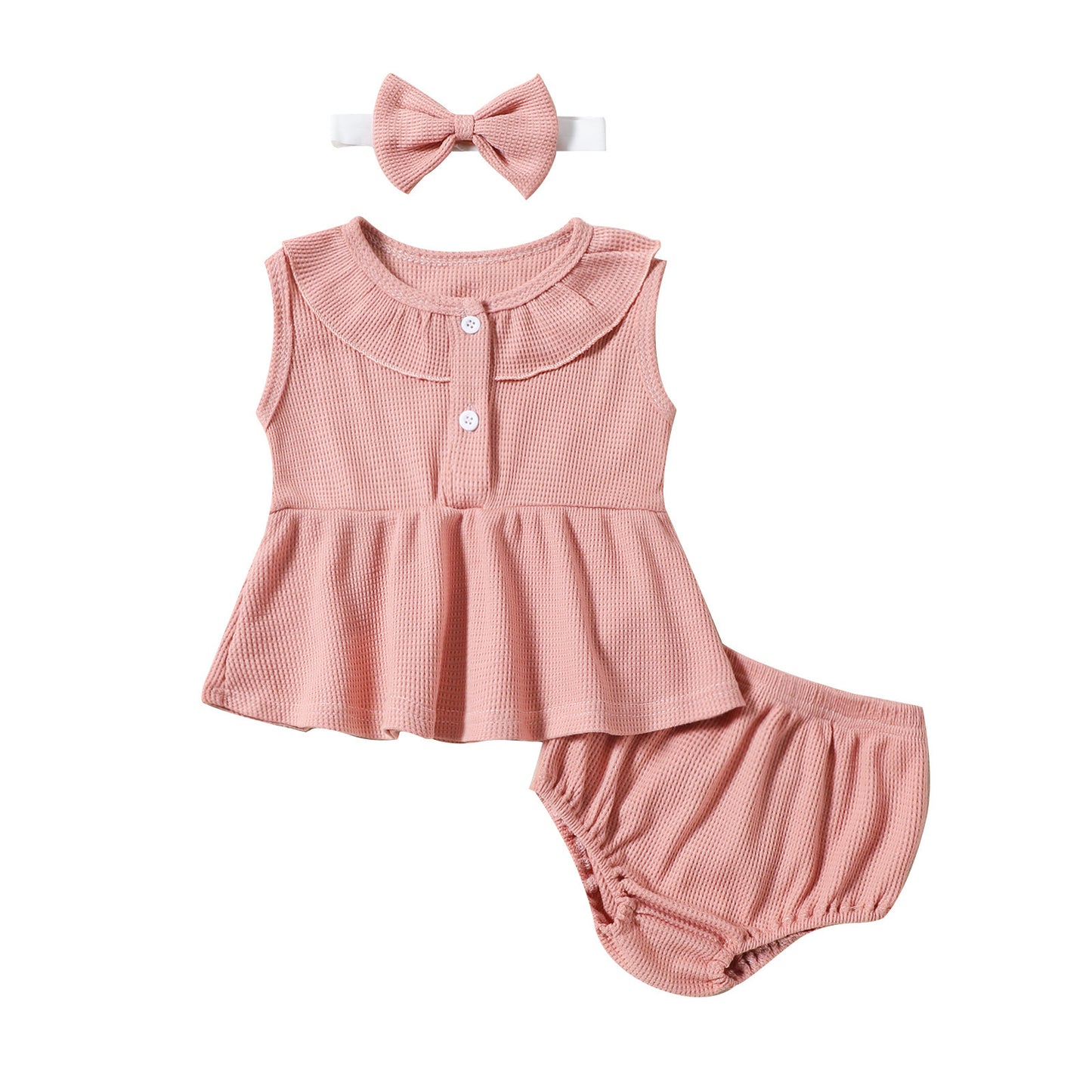 Ensemble trois pièces pour fille, robe sans manches, haut, short, coiffe, motif gaufré