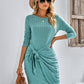 Round Neck Long Sleeve Solid Color Knot Dress