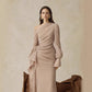 Gentle-style Pleated Long-sleeve Waist-cinching Off-shoulder Gown With Pleats In A Ladylike Aesthetic