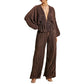 Ensemble deux pièces pour femme, pantalon décontracté à jambes larges et taille haute plissée et élastique, décolleté en V profond
