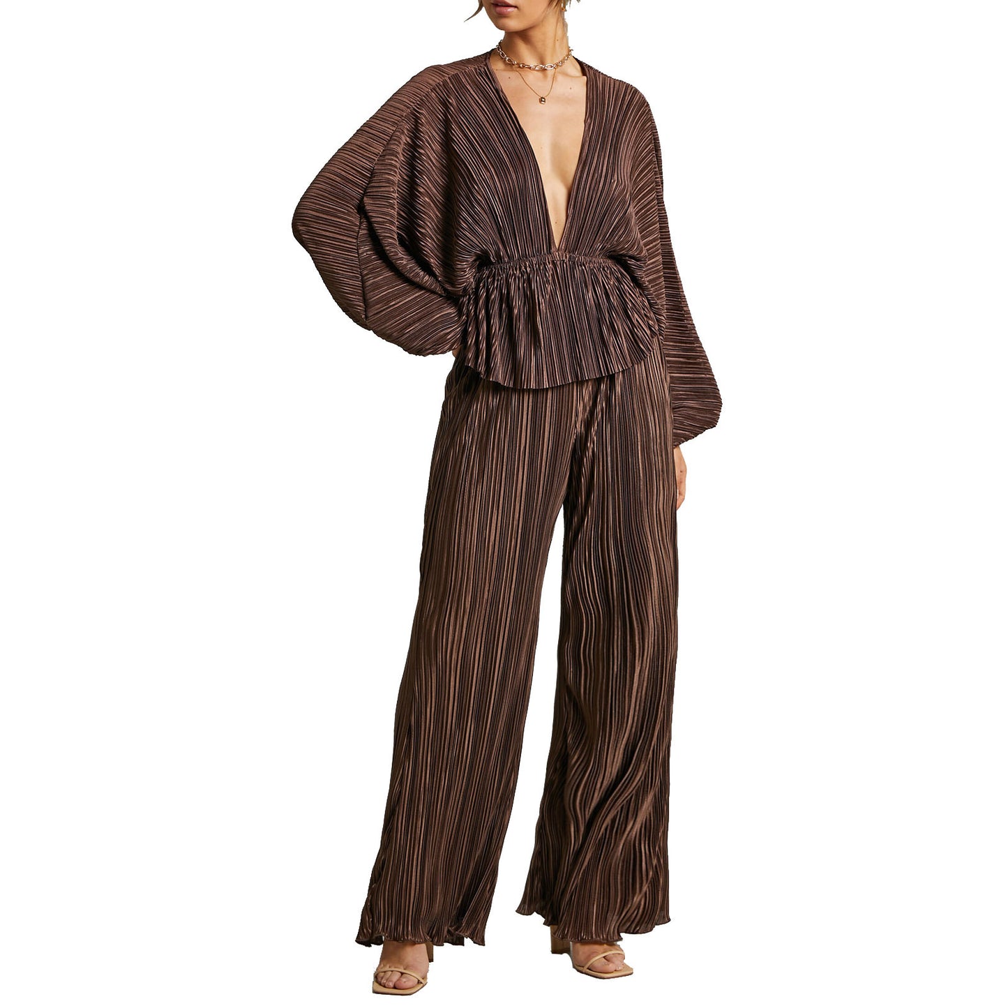 Ensemble deux pièces pour femme, pantalon décontracté à jambes larges et taille haute plissée et élastique, décolleté en V profond