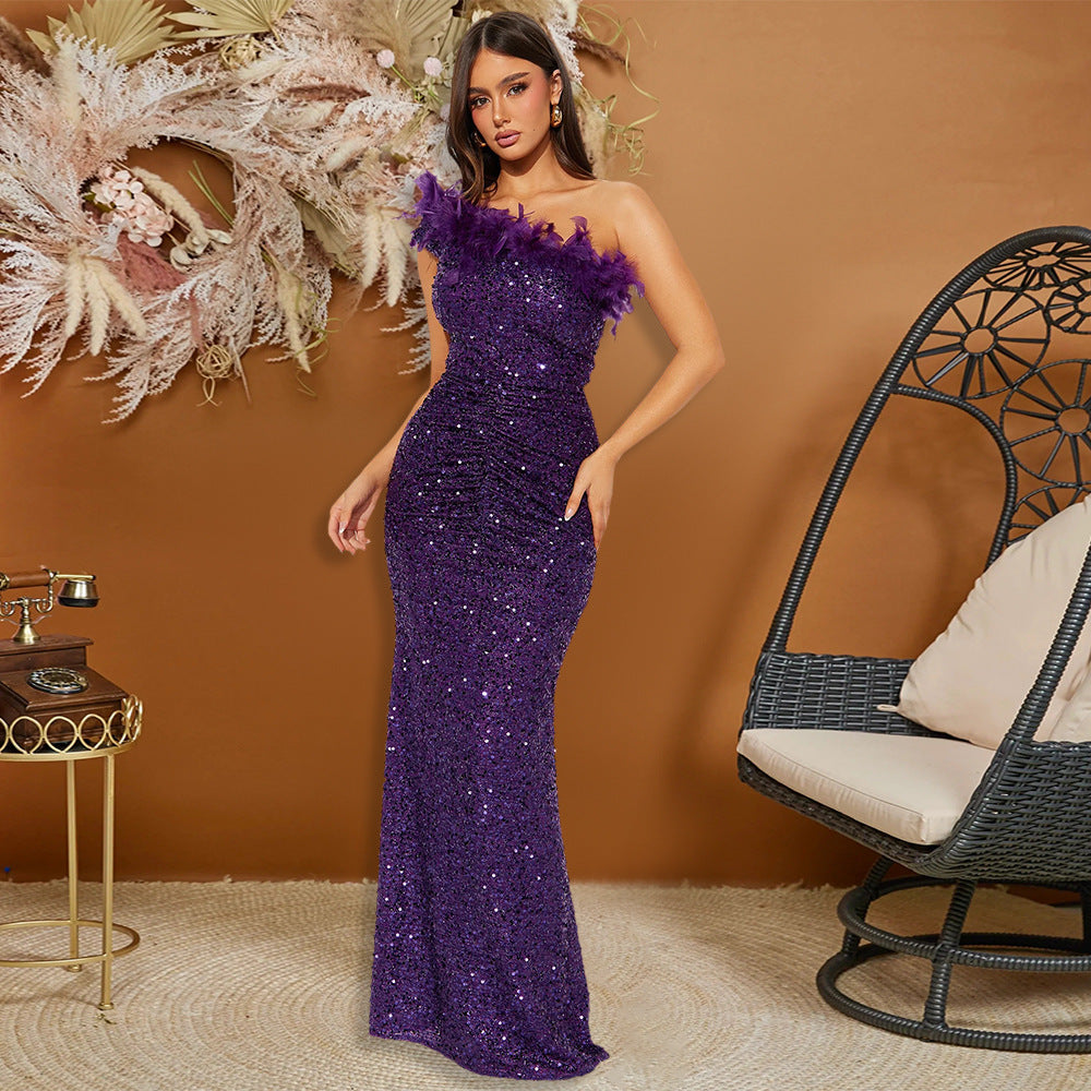 Black Paillette Feather Stitching Sequin Evening Dress Women