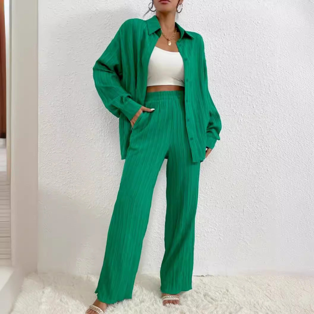 European And American Women's Clothing Solid Color Loose Drooping Smooth Pleated Casual Two-piece Suit