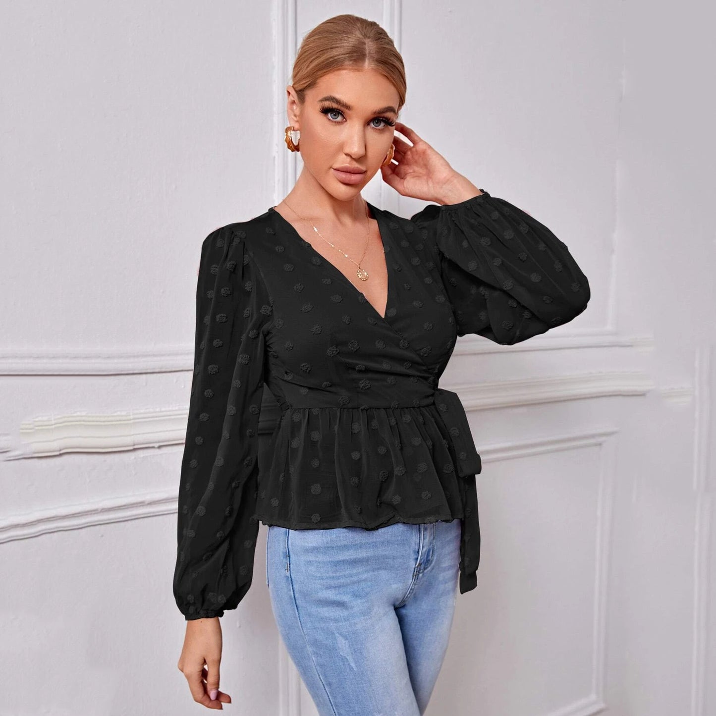 Temperament Hedging Long-sleeved V-neck Slim-fit Light Mature Blouse Women