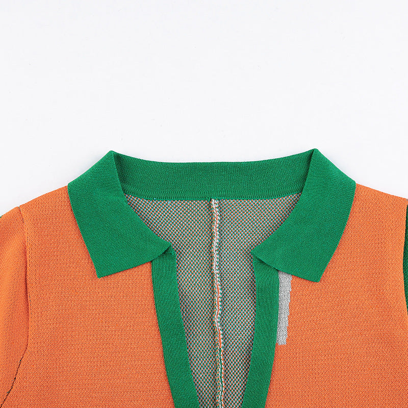 Lapel Color Block Stitching Long-sleeved Jumpsuit