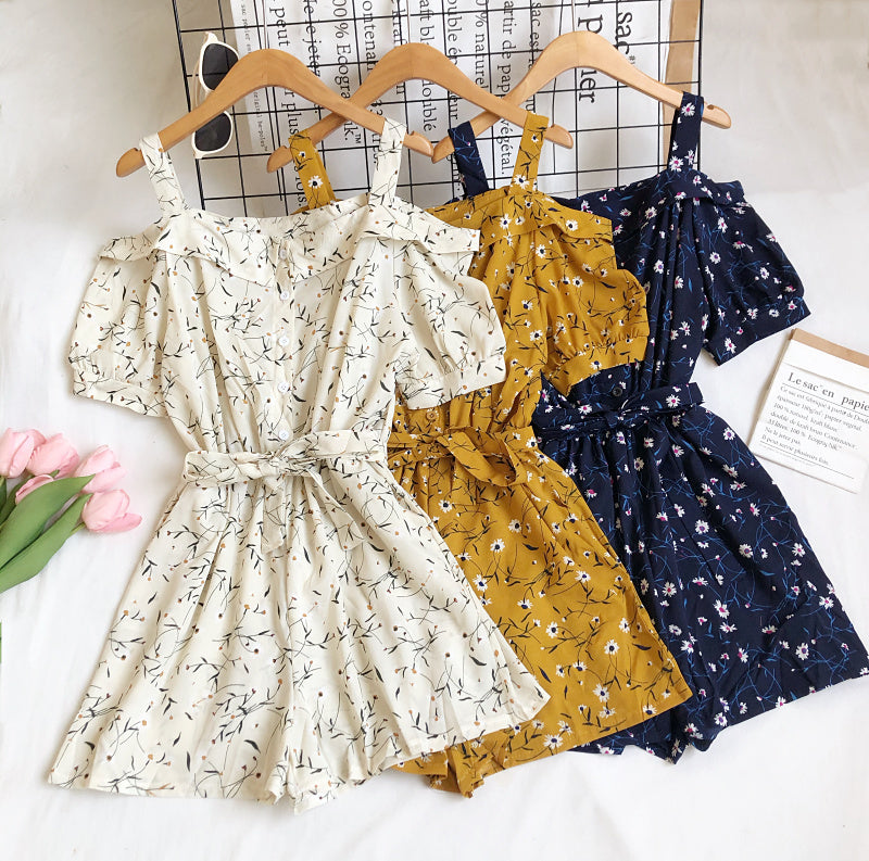 Sling Daisy Print Short Sleeve High Waist Wide Leg Jumpsuit