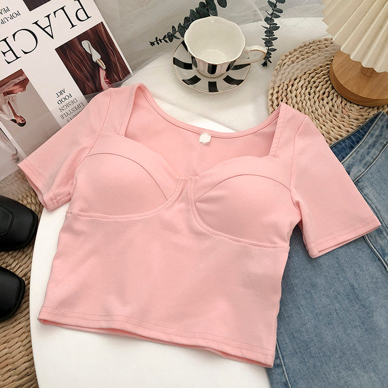 Square Neck Clavicle Short Sleeve T-Shirt Ladies