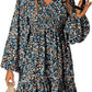 Floral V-neck Long Sleeve Pleated Elastic Waist Dress