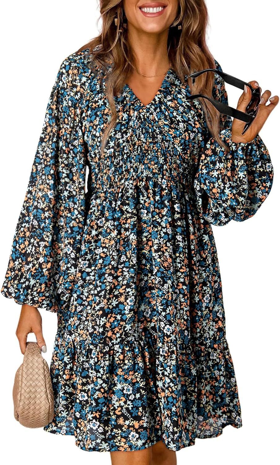 Floral V-neck Long Sleeve Pleated Elastic Waist Dress