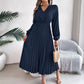 Women's V-neck Lace Cinched Pleated Long Dress