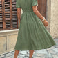 V-neck Pleated Buttoned Lantern-sleeve Dress