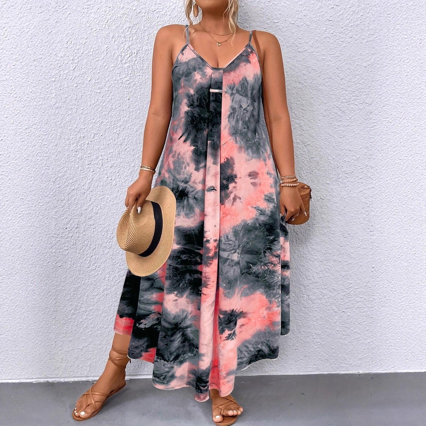 Stylish Summer Casual Loose Sleeveless V-Neck 3D Digital Print Slip Dress